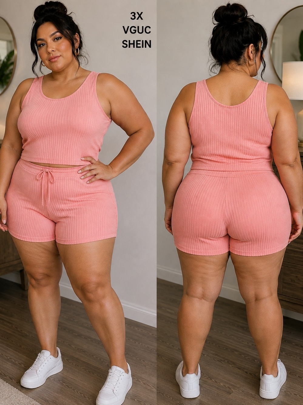 SHEIN Ribbed Tank & Drawstring Shorts Set - Coral Pink